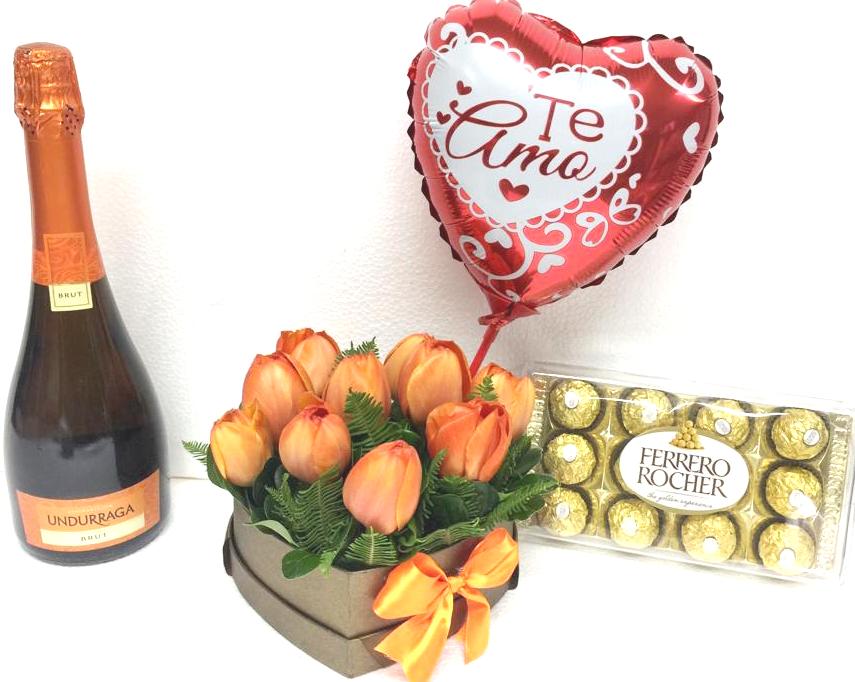 Caja Corazn de 10 Tulipanes, Bombones Ferrero Rocher 150grs, Champagne 750cc y Globito